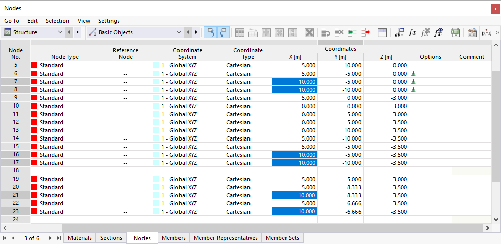 Table "Nodes" with Selected Cells