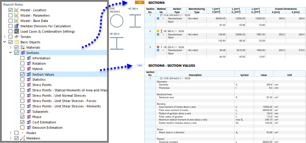 Selected Report Items (left) and Chapter Content (right)