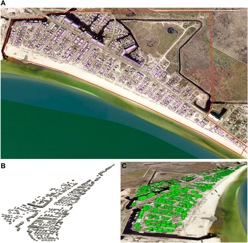 The building footprint for the study area in Mexico Beach, FL along with the new BIM and GIS model (A) Footprint for the buildings within the study area; (B) The BIM model for the community; (C) The BIM model of the community georeferenced in a 3-D GIS environment