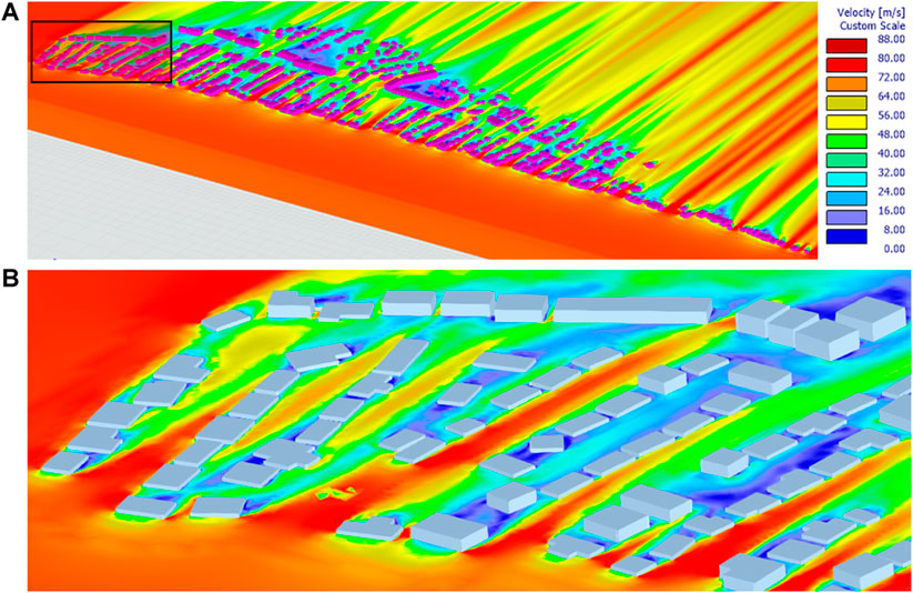 The modeled wind flow for the study area (A) The spatial distribution of wind speed across the community; (B) Close-up view on the wind speed contours