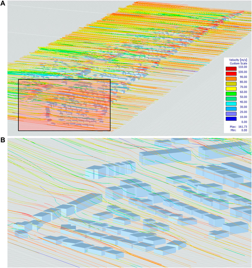 Wind Flow Analysis Results (A) Wind Flow Lines Across Cimmunity Color-Coded Based on Variation of Their Wind Speed; (B) Close-up View on Variation in Wind Flow and Wind Speed