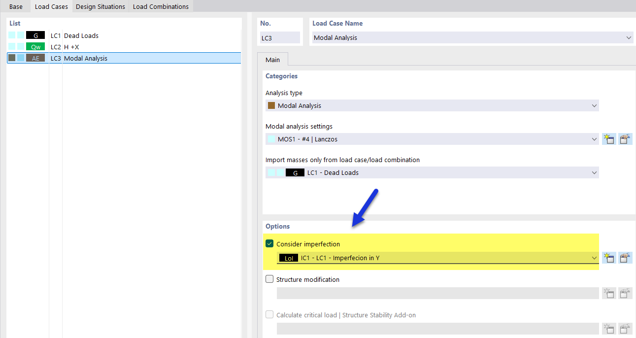 Consider imperfections for modal analysis load case