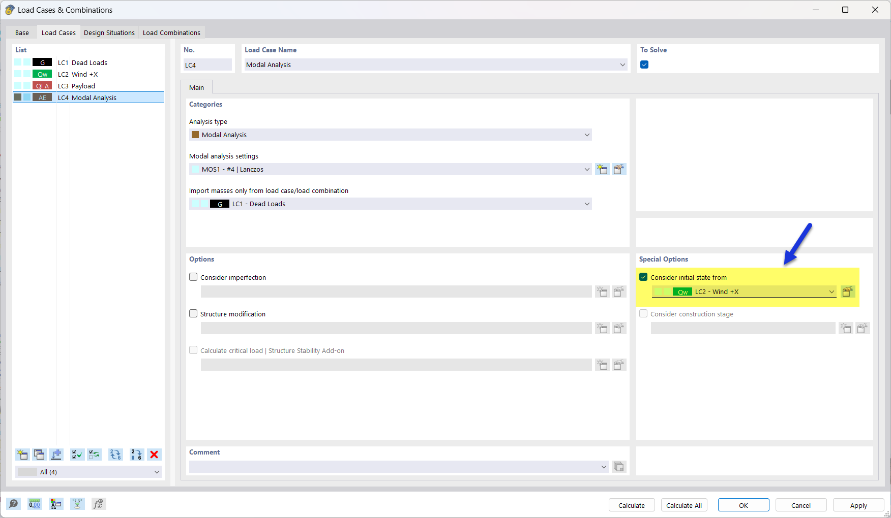 Considering Initial State for Modal Analysis Load Case