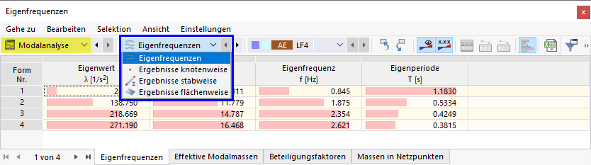 Selecting Subcategory for Modal Analysis Results