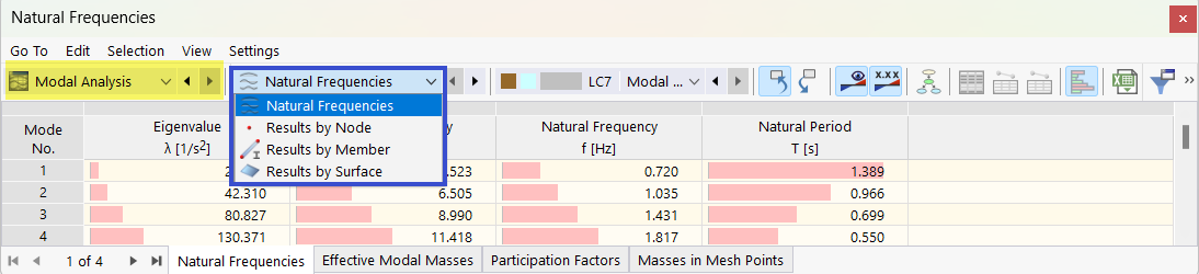 Selecting Subcategory for Modal Analysis Results