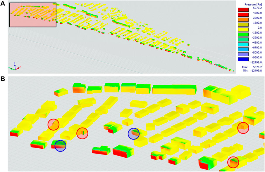 Wind Pressure Distribution: (A) Distribution of Surface Wind Pressure on Buildings Across Community; (B) Close-up View on Building-Level Wind Press Distribution