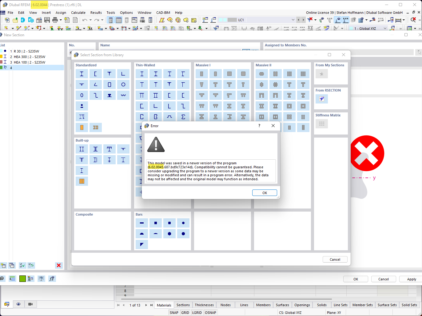 FAQ 005344 | When importing a cross-section from RSECTION 1, I get an error message regarding the version. What can I do?