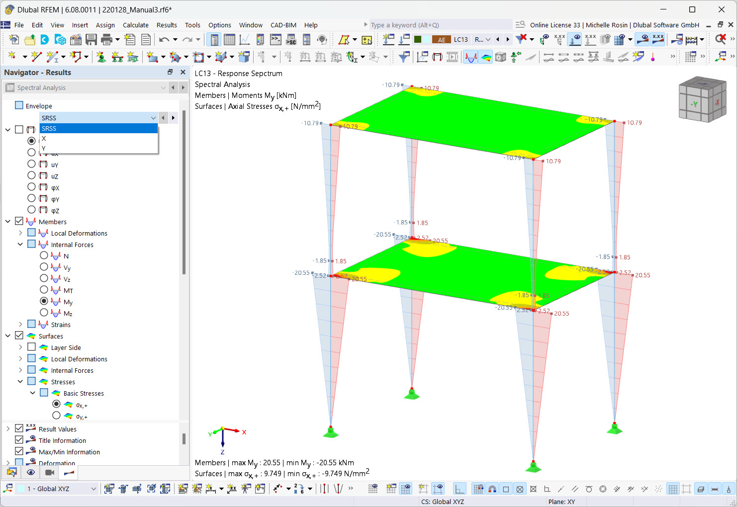 Selecting Envelope or Direction and Displaying Results of Members, Surfaces, and Solids