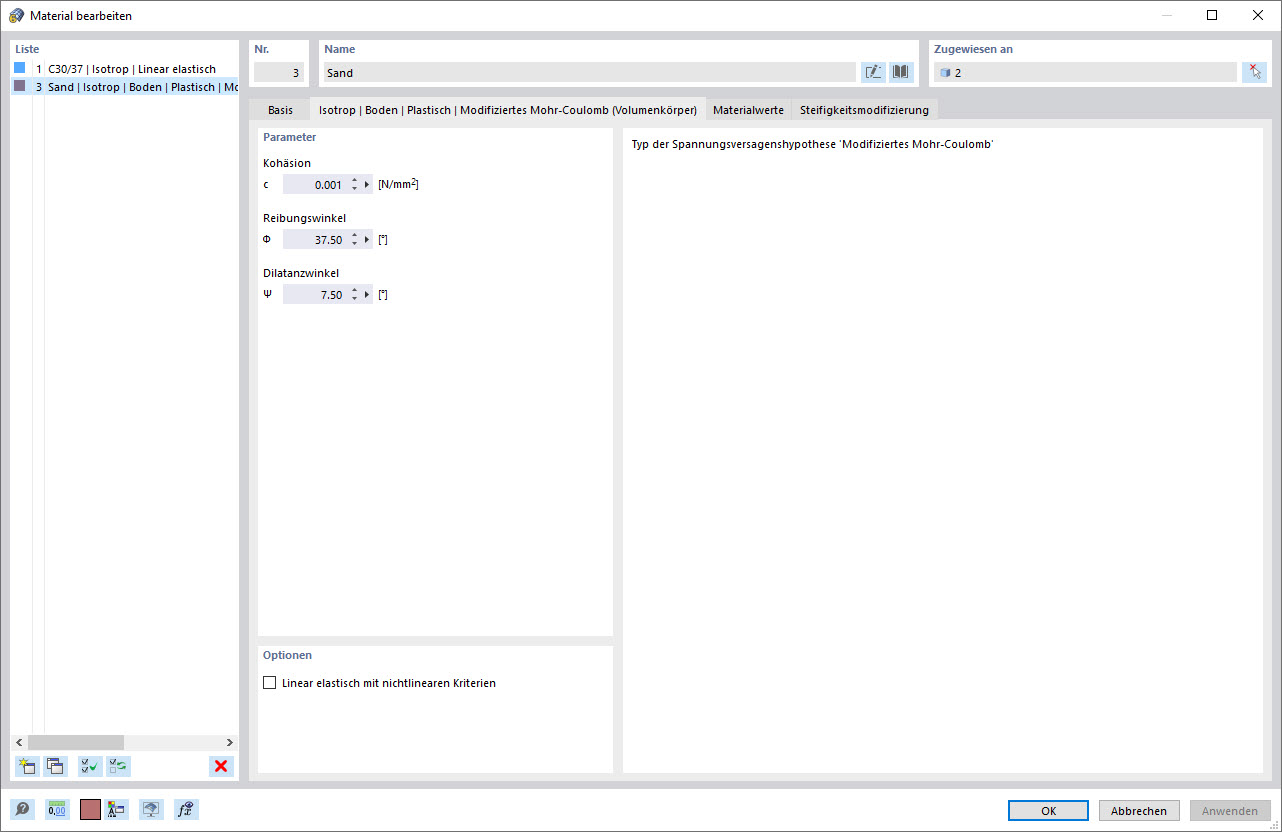 Input Dialog Box - Modified Mohr-Coulomb Model