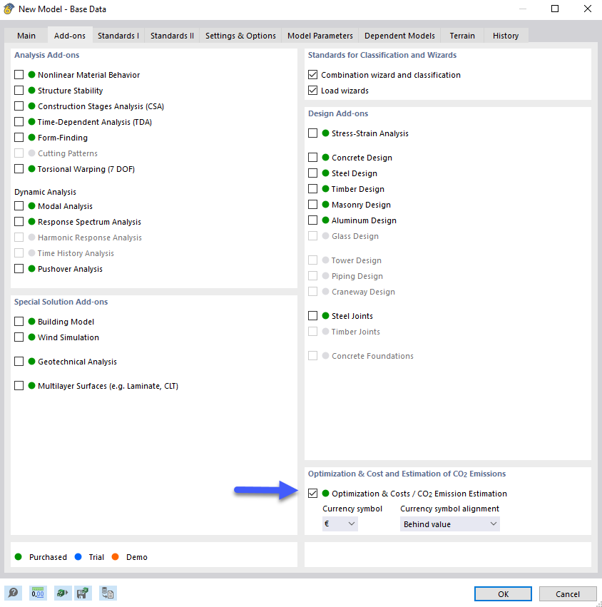 Activating "Optimization & Costs / CO2 Emission Estimation" Add-on