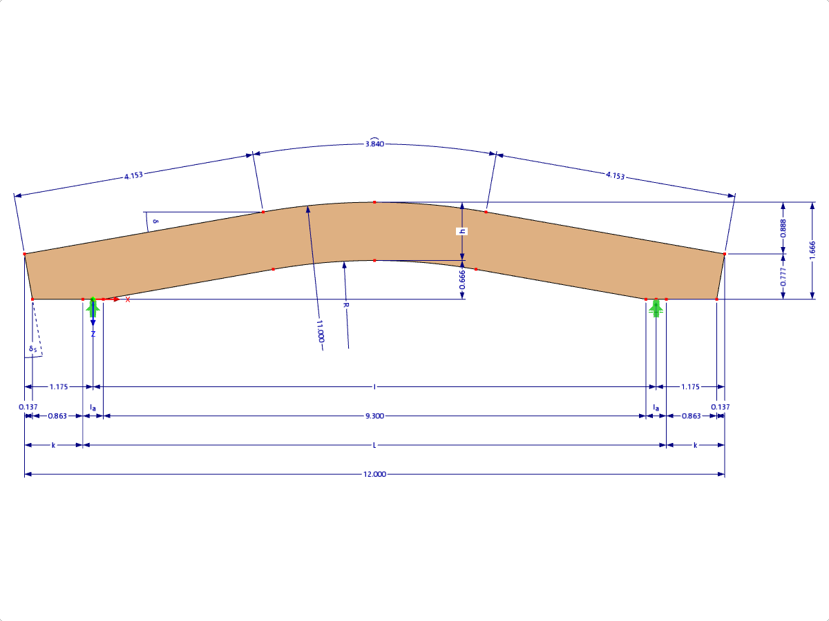 Model 000582 | GLB0402 | Glued-Laminated Beam | Curved | Constant Height | Symmetric | Horizontal Cantilevers with Parameters