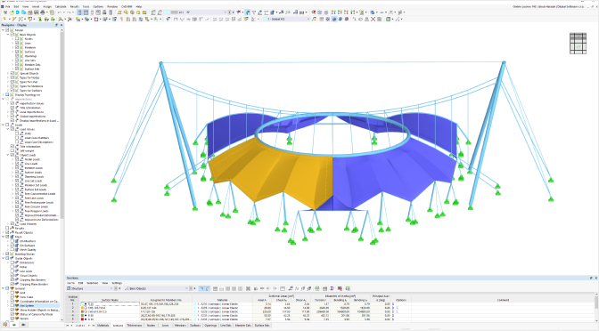 Model of a suspended membrane roof with a prominent ring opening using fast modeling tools.