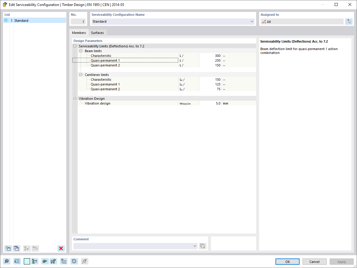 Serviceability Configuration with Deflection Limit Values