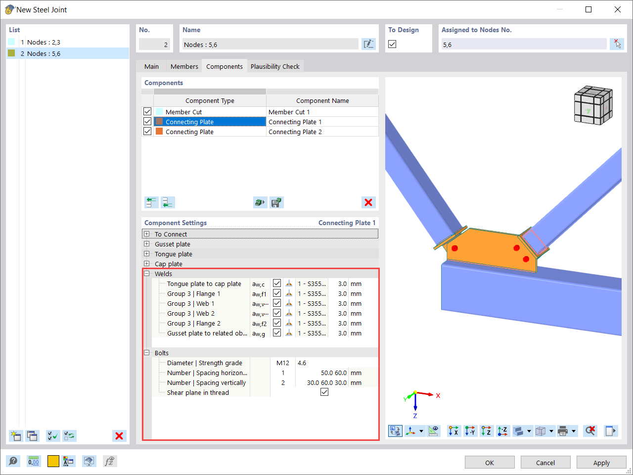 Settings for Welds and Bolts