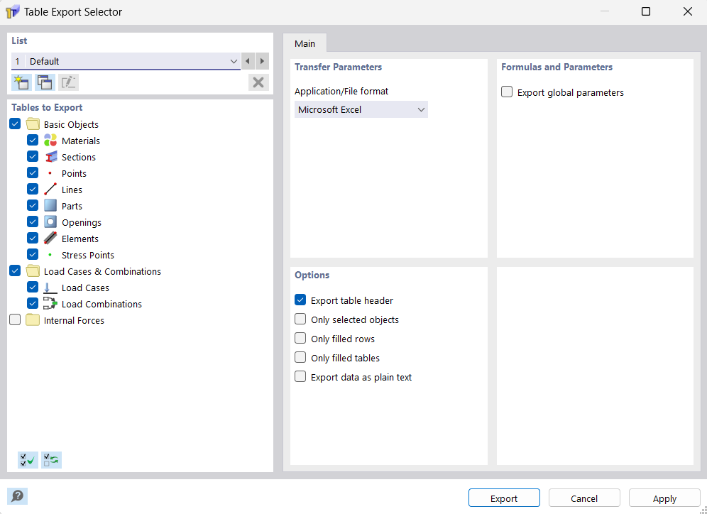 Dialog Box "Table Export Selector"