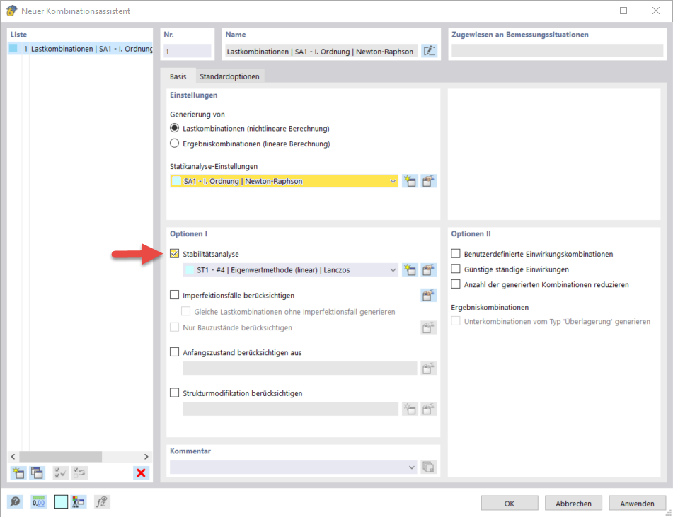 Activating Stability Analysis in Combination Wizard