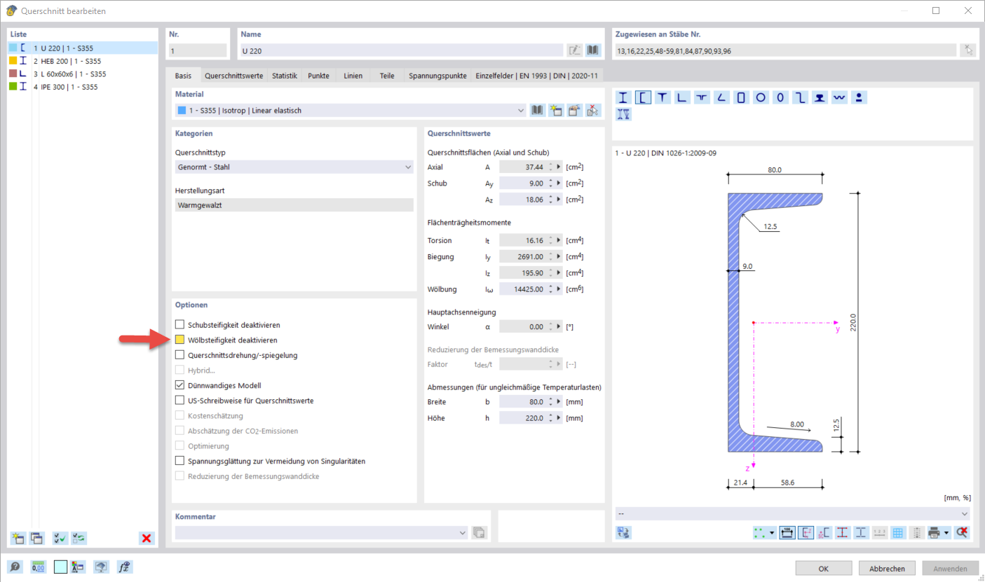 Deactivating Warping Stiffness of Cross-Section