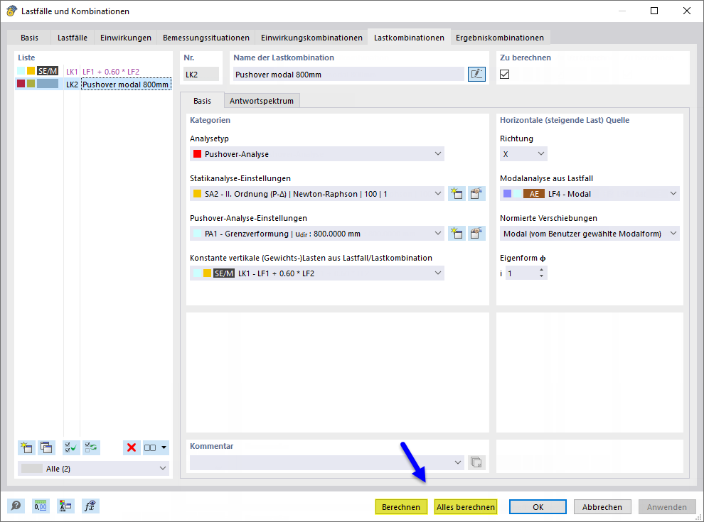 Starting Calculation in Dialog Box "Load Cases and Combinations"