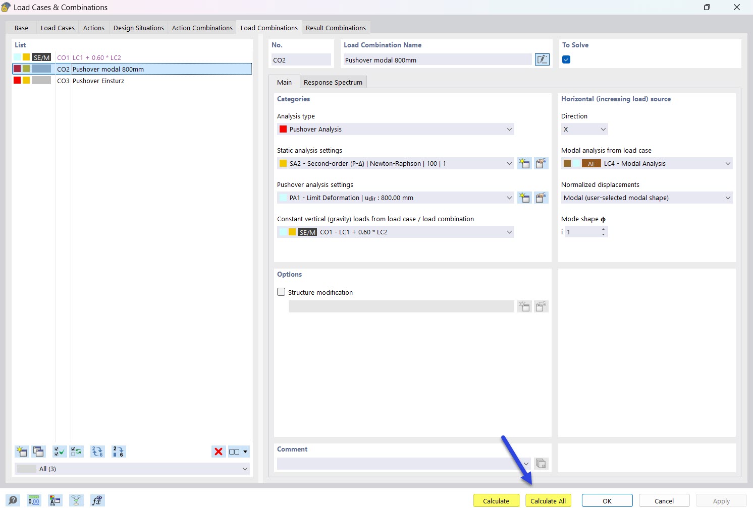 Starting Calculation in Dialog Box "Load Cases and Combinations"