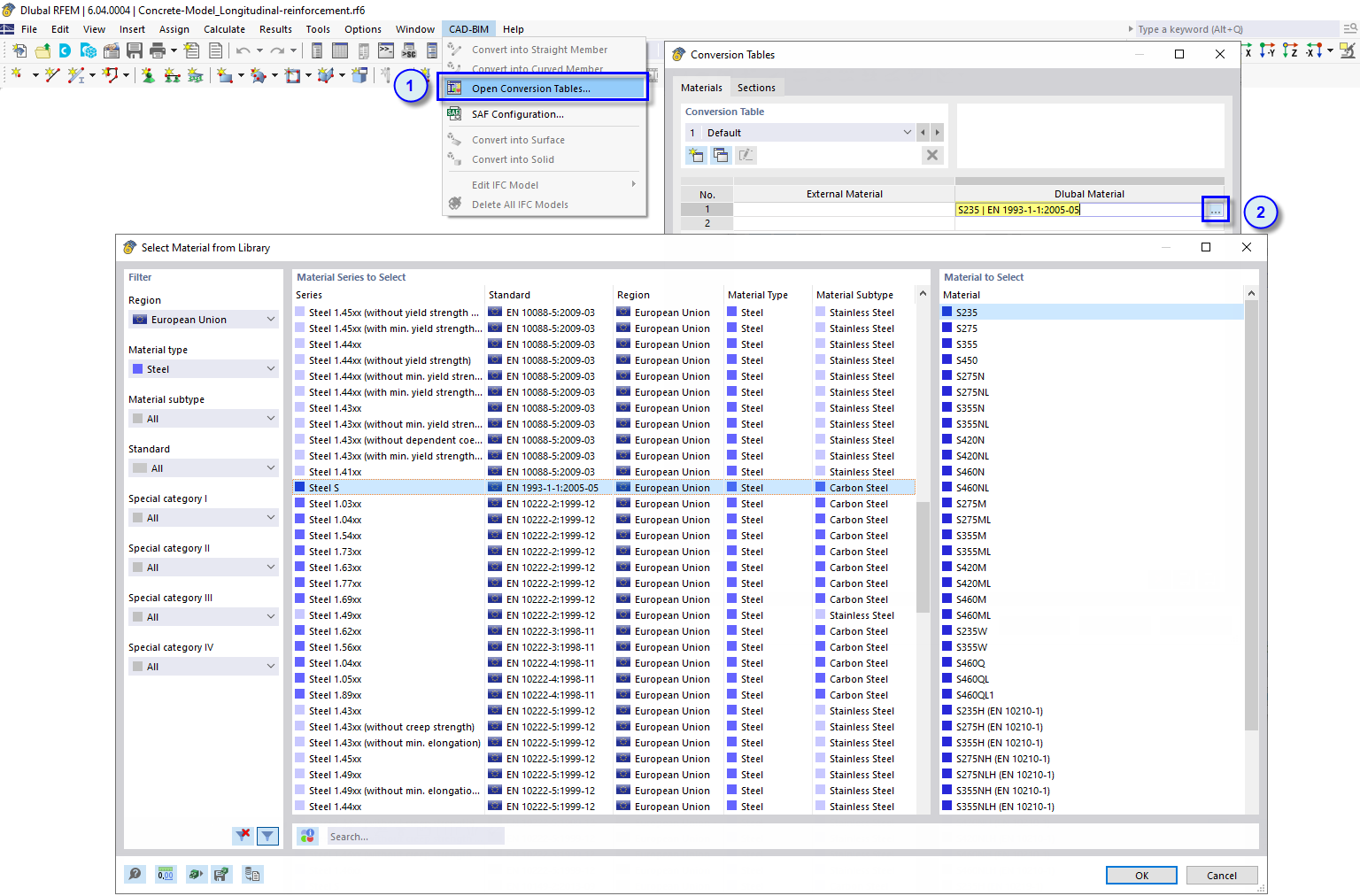 Opening Conversion Tables with Full Material or Section Names in RFEM