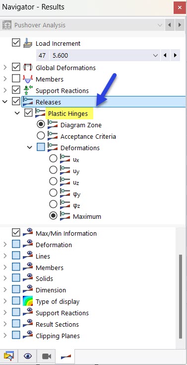 Activating Plastic Hinges in Navigator Category "Releases"