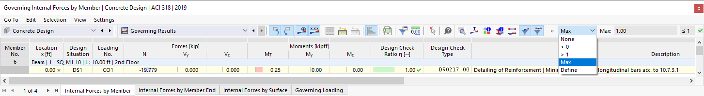 Displaying Maximum Governing Member Internal Forces for Ultimate and Serviceability Limit State