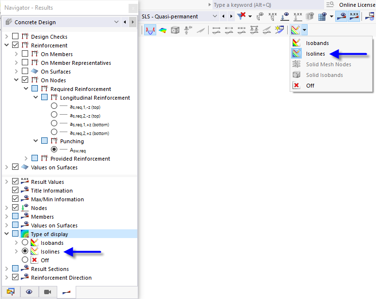 Activating Isoline Display in Navigator or in Toolbar