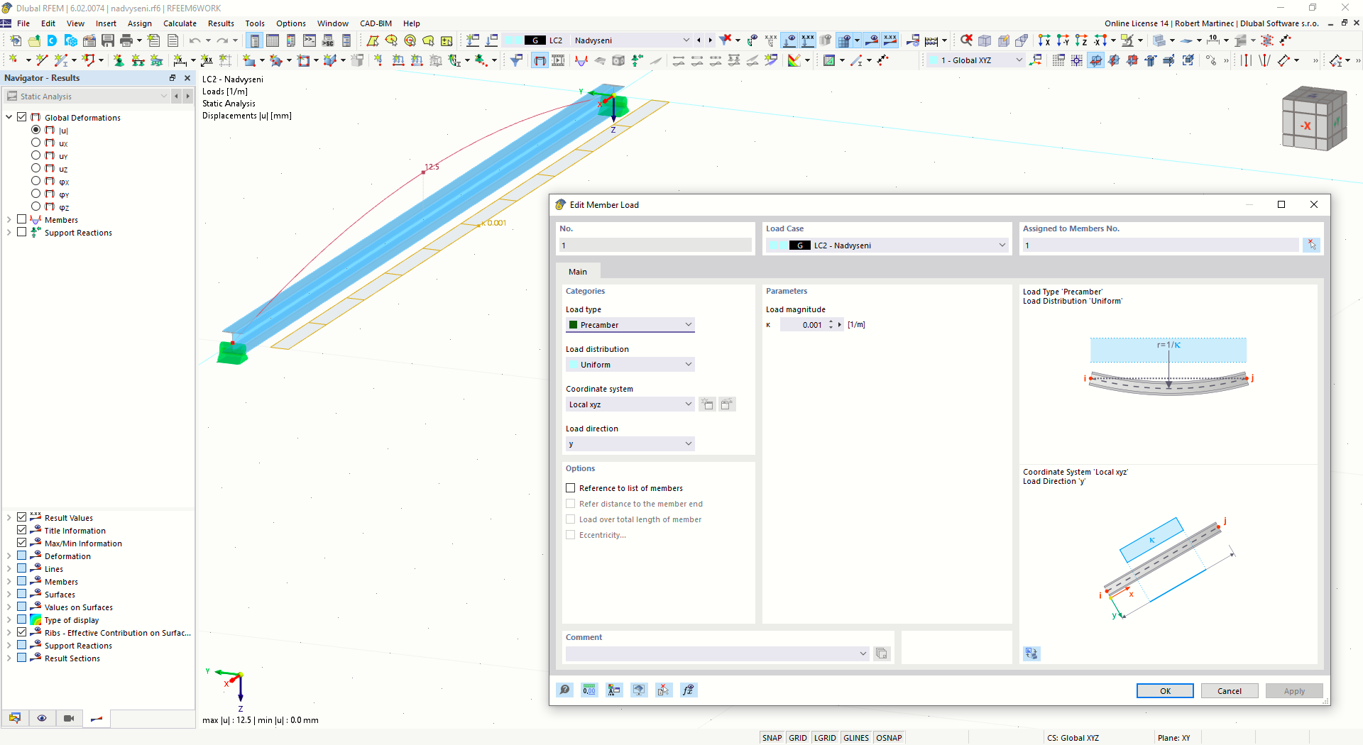 FAQ 005399 | I have entered the Precamber load type into my model, but it doesn't seem to work. The results show no deformation.