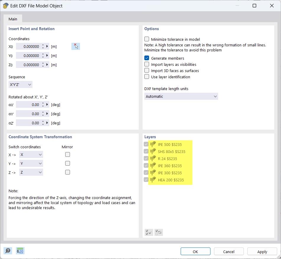 Layer Designations with Cross-Section and Material Names