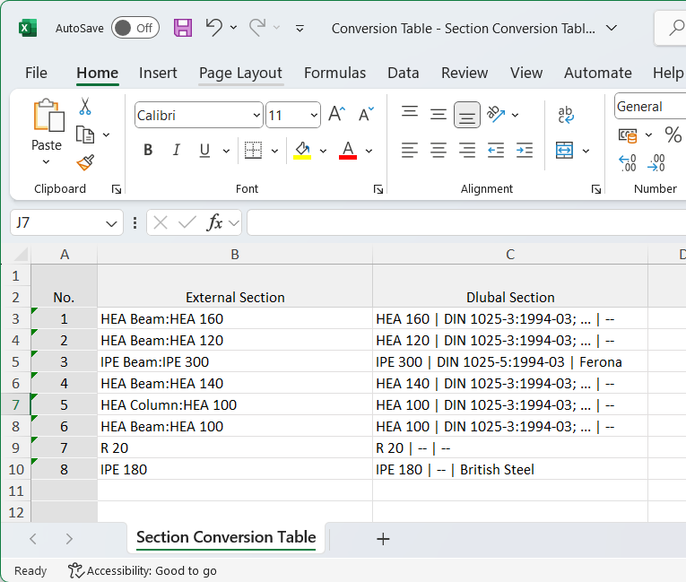 Conversion Table for Excel Export