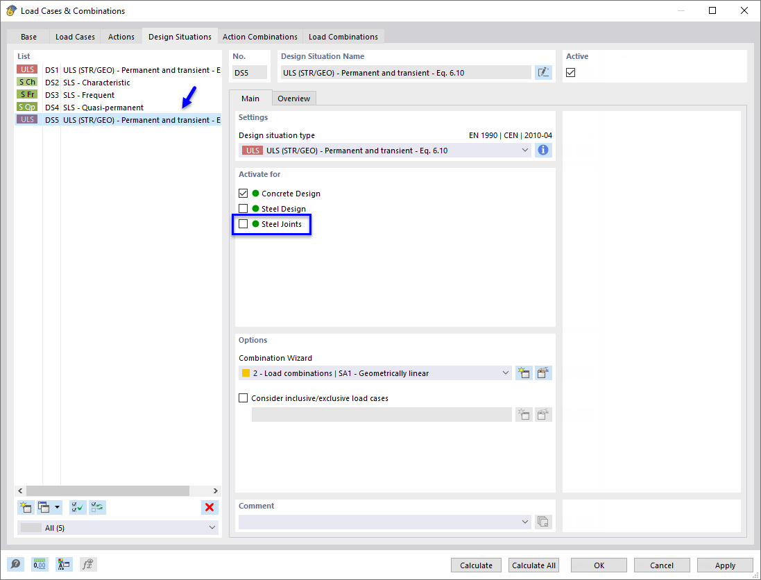 Disabling Steel Joint Design for Design Situation 'DS5' (Optionally)