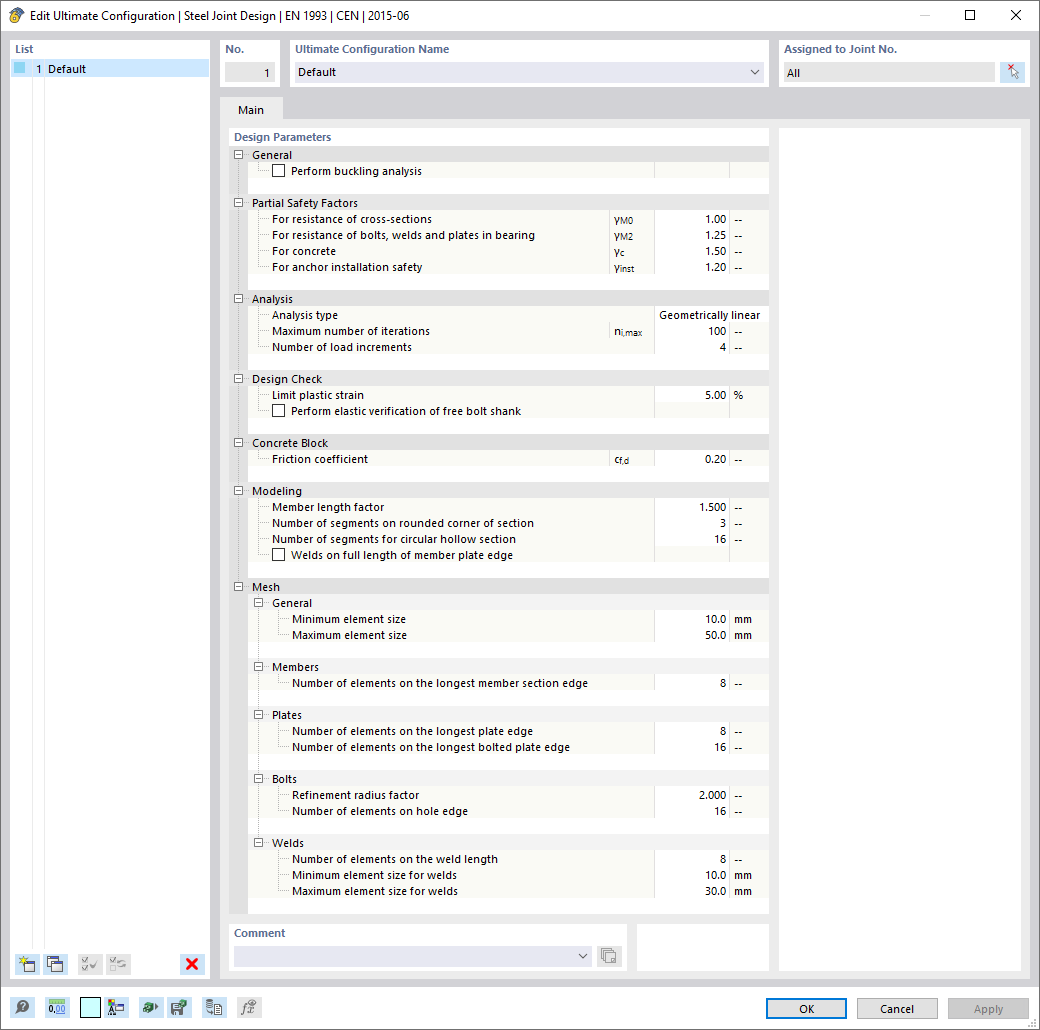 Settings of Ultimate Configuration for Steel Joint Design