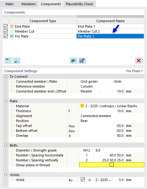 Component Settings for Fin Plate