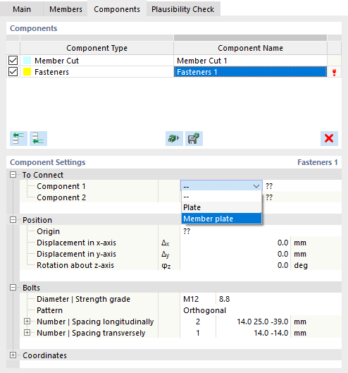 Specifying Component 1 for Fasteners