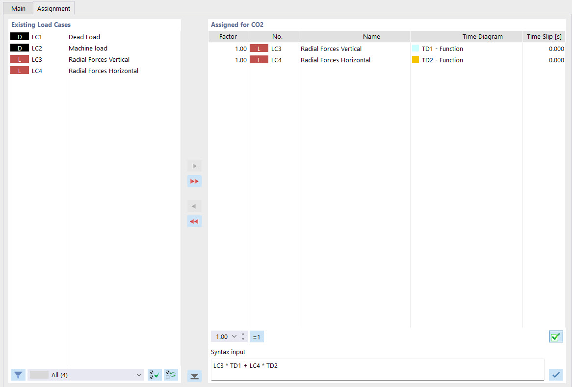 Assigning Load Cases and Time Diagrams to Load Combination