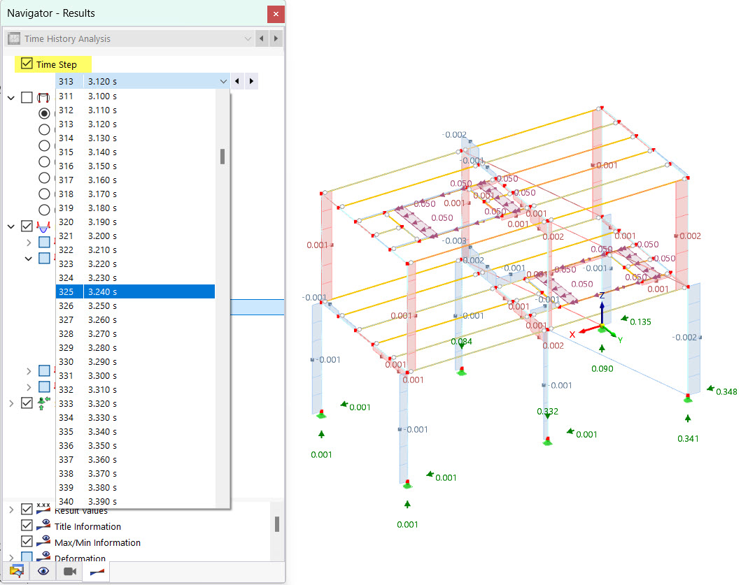 Selecting Time Step and Displaying Member Internal Forces