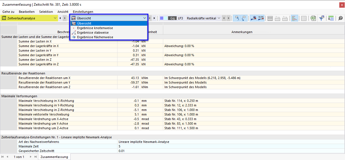 Selecting Subcategory for Time History Analysis Results