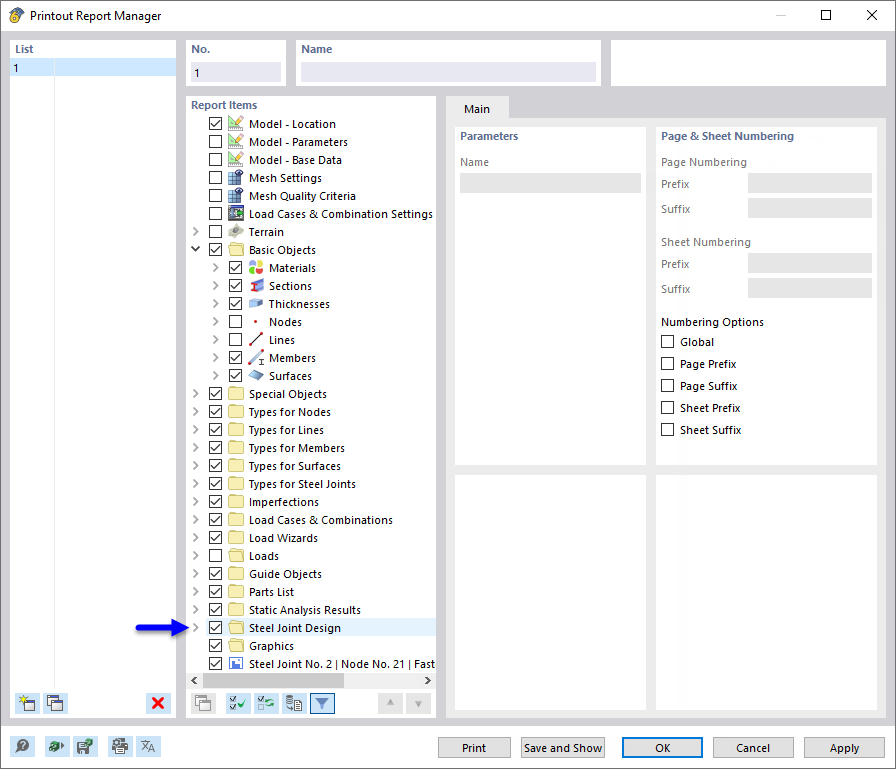 Activating 'Steel Joint Design' Data in Printout Report Manager
