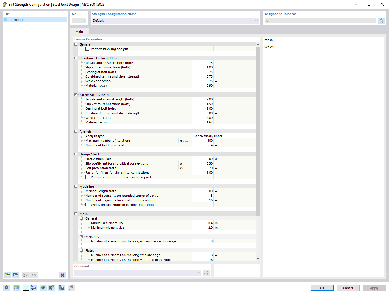 Settings of Strength Configuration for Steel Joint Design