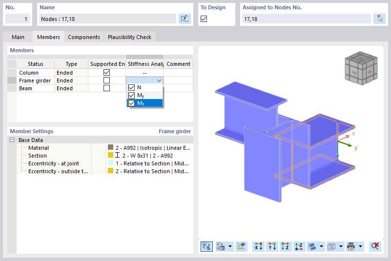 Selecting Internal Forces for Stiffness Analysis