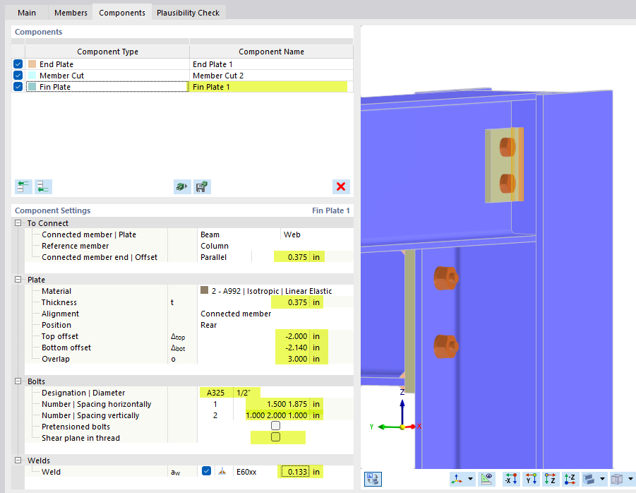 Component Settings for Fin Plate