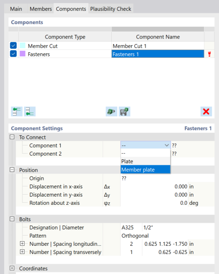 Specifying Component 1 for Fasteners