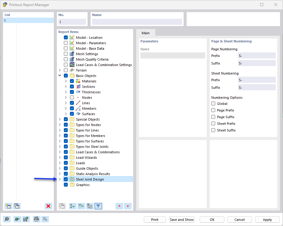 Activating 'Steel Joint Design' Data in Printout Report Manager