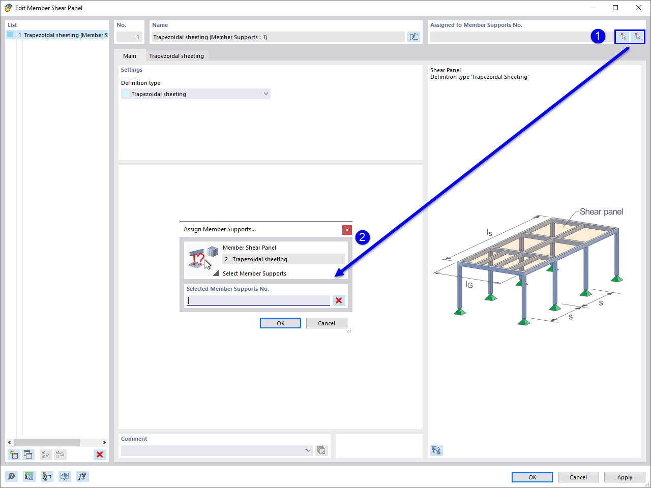 Dialog Box "New Member Shear Panel", Assigning Member Support