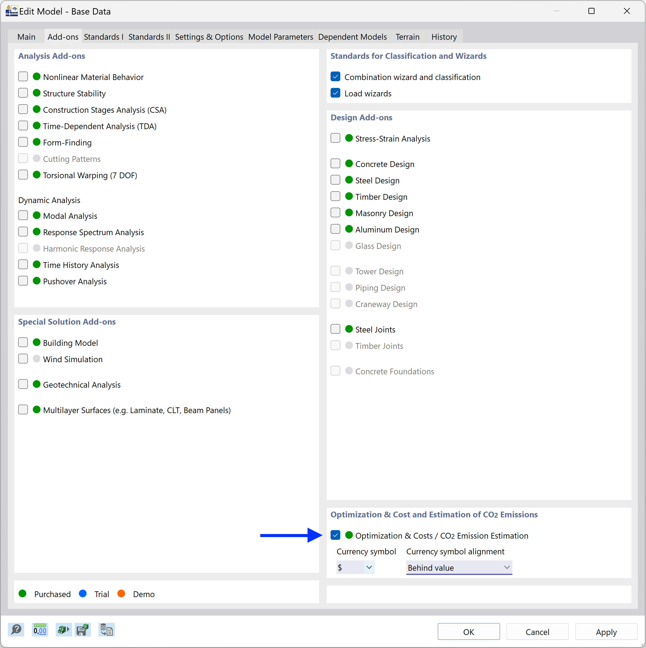 Activating Add-on "Optimization & Costs / CO2 Emission Estimation"