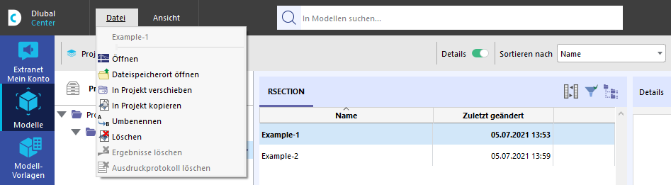 'File' menu for models