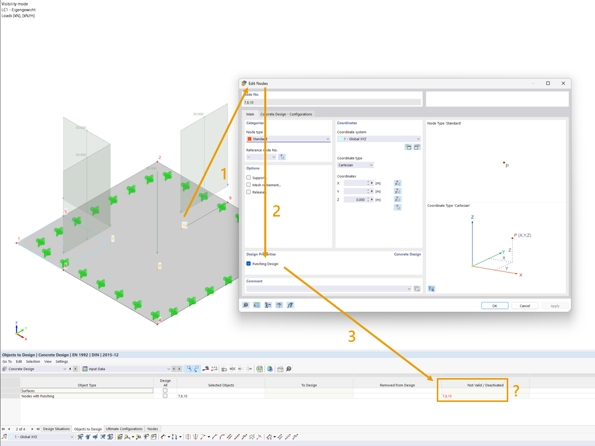 FAQ 005472 | In the table of the objects to design in the Concrete Design add-on, punching nodes are listed in the not valid/deactivated column.