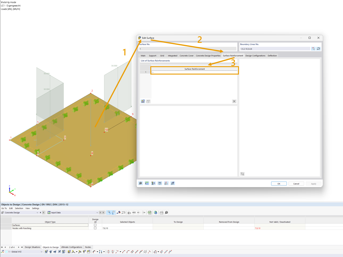 FAQ 005472 | In the table of the objects to design in the Concrete Design add-on, punching nodes are listed in the not valid/deactivated column.