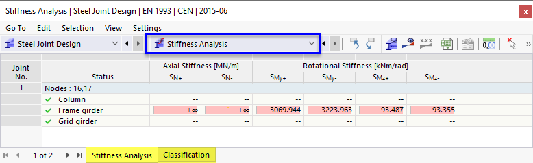 Result Tables "Stiffness Analysis" for Steel Joint Design