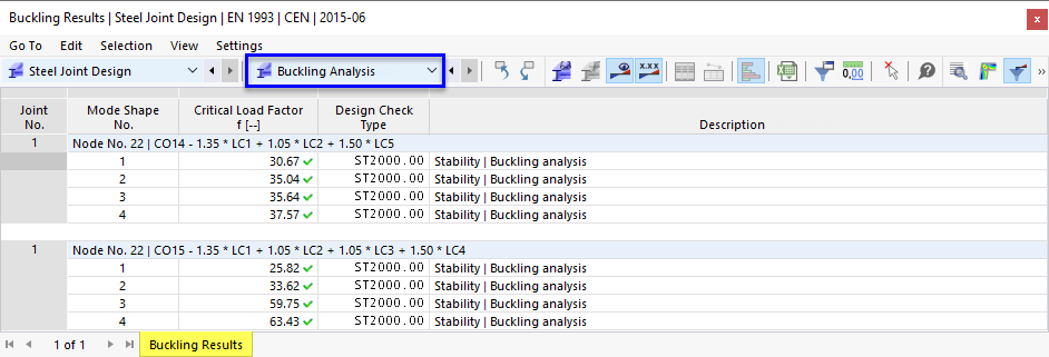 Result Table "Buckling Analysis" for Steel Joint Design